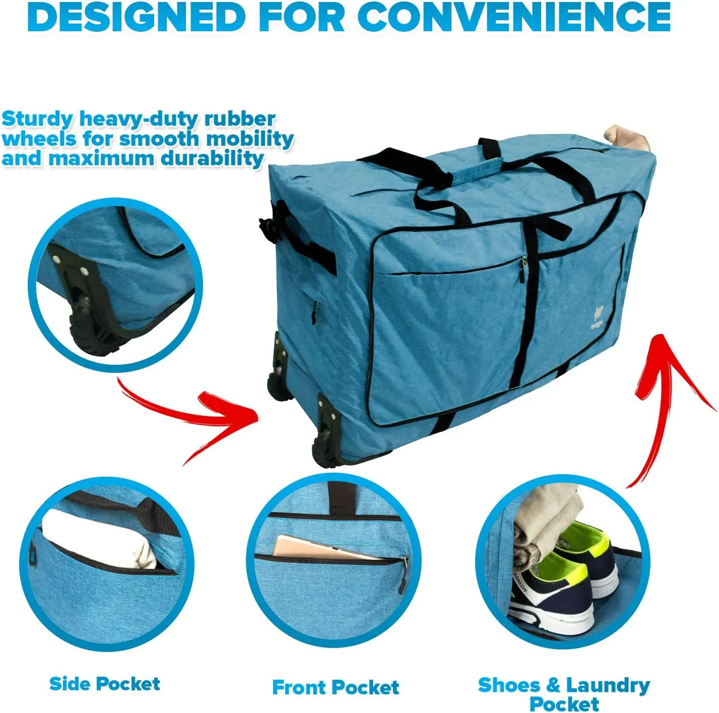 Bago Rolling Duffle Bag with Wheels - 31" 120L Foldable Weekender Bag, Waterproof Travel Duffel Bag, Heavy Duty lightWeight Duffle Bag for Traveling, Rolling Duffel Bag with Wheels (Snow Blue)