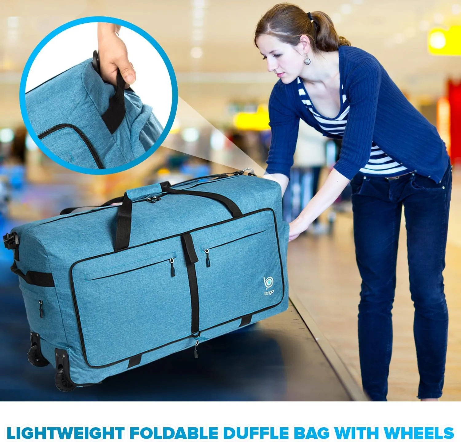 Bago Rolling Duffle Bag with Wheels - 31" 120L Foldable Weekender Bag, Waterproof Travel Duffel Bag, Heavy Duty lightWeight Duffle Bag for Traveling, Rolling Duffel Bag with Wheels (Snow Blue)