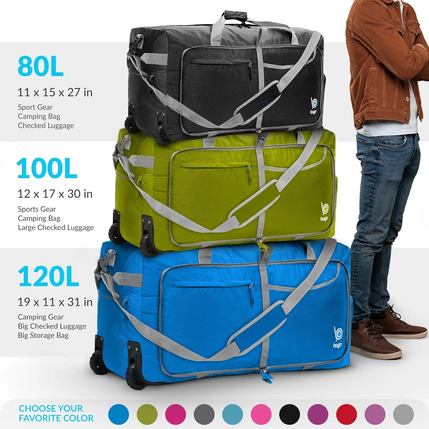 Bago Rolling Duffle Bag with Wheels - 31" 120L Foldable Weekender Bag, Waterproof Travel Duffel Bag, Heavy Duty lightWeight Duffle Bag for Traveling, Rolling Duffel Bag with Wheels (Snow Blue)