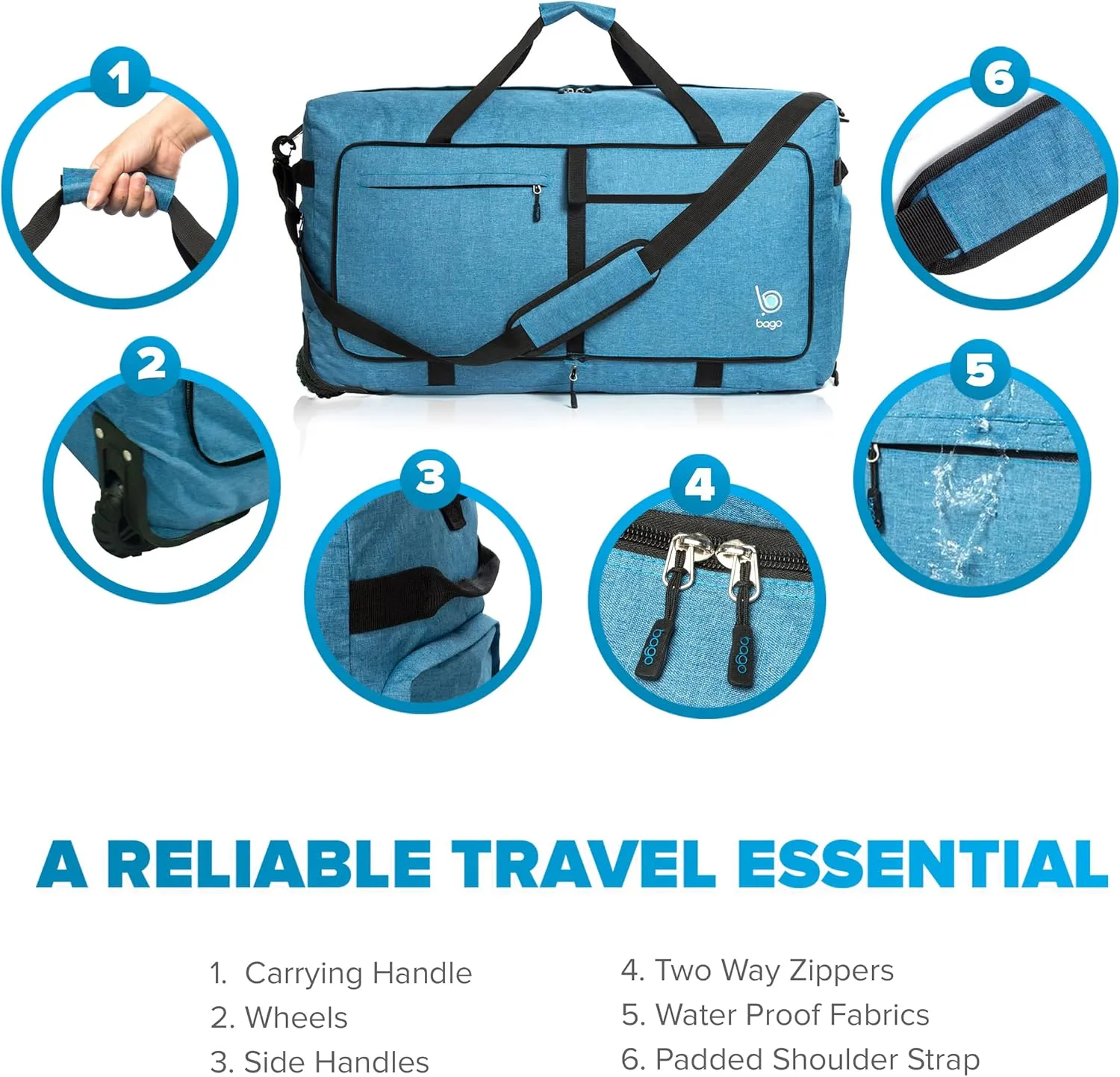 Bago Rolling Duffle Bag with Wheels - 31" 120L Foldable Weekender Bag, Waterproof Travel Duffel Bag, Heavy Duty lightWeight Duffle Bag for Traveling, Rolling Duffel Bag with Wheels (Snow Blue)
