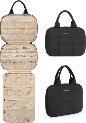 BAGSMART Jewelry Travel Case, Hanging Jewelry Organizer with Zipper Pockets, Large Capacity Puffy Jewelry Roll for Earrings, Necklaces, Rings on Closet, Wall, Door, Portable Travel Essentials, Black