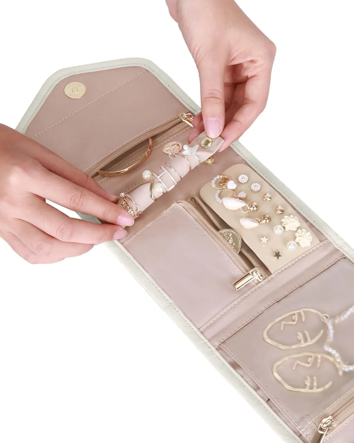 BAGSMART Travel Jewelry Organizer Case Foldable Jewelry Roll for Journey Rings, Necklaces, Earrings, Bracelets,Mini,Beige