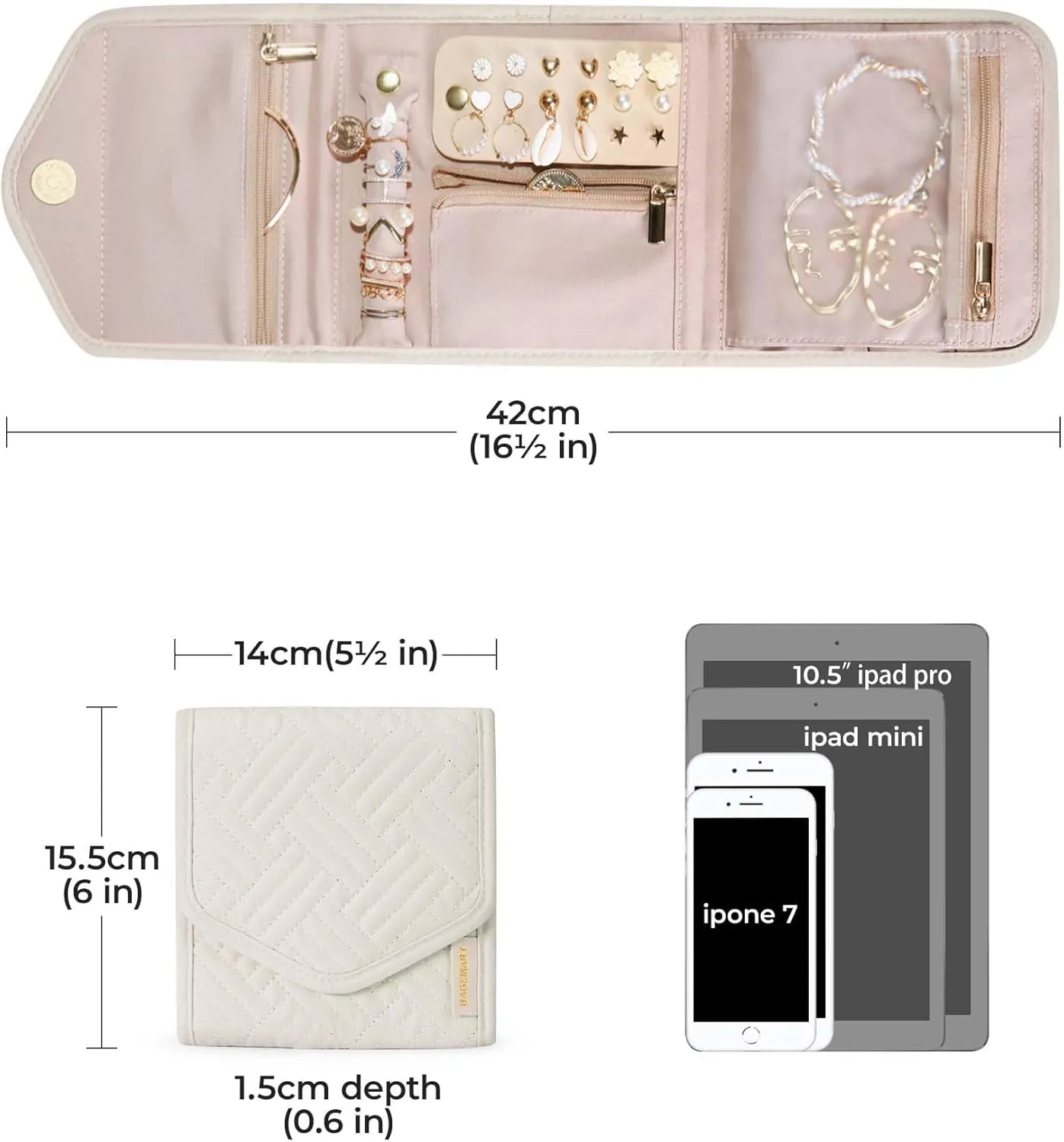 BAGSMART Travel Jewelry Organizer Case Foldable Jewelry Roll for Journey Rings, Necklaces, Earrings, Bracelets,Mini,Beige