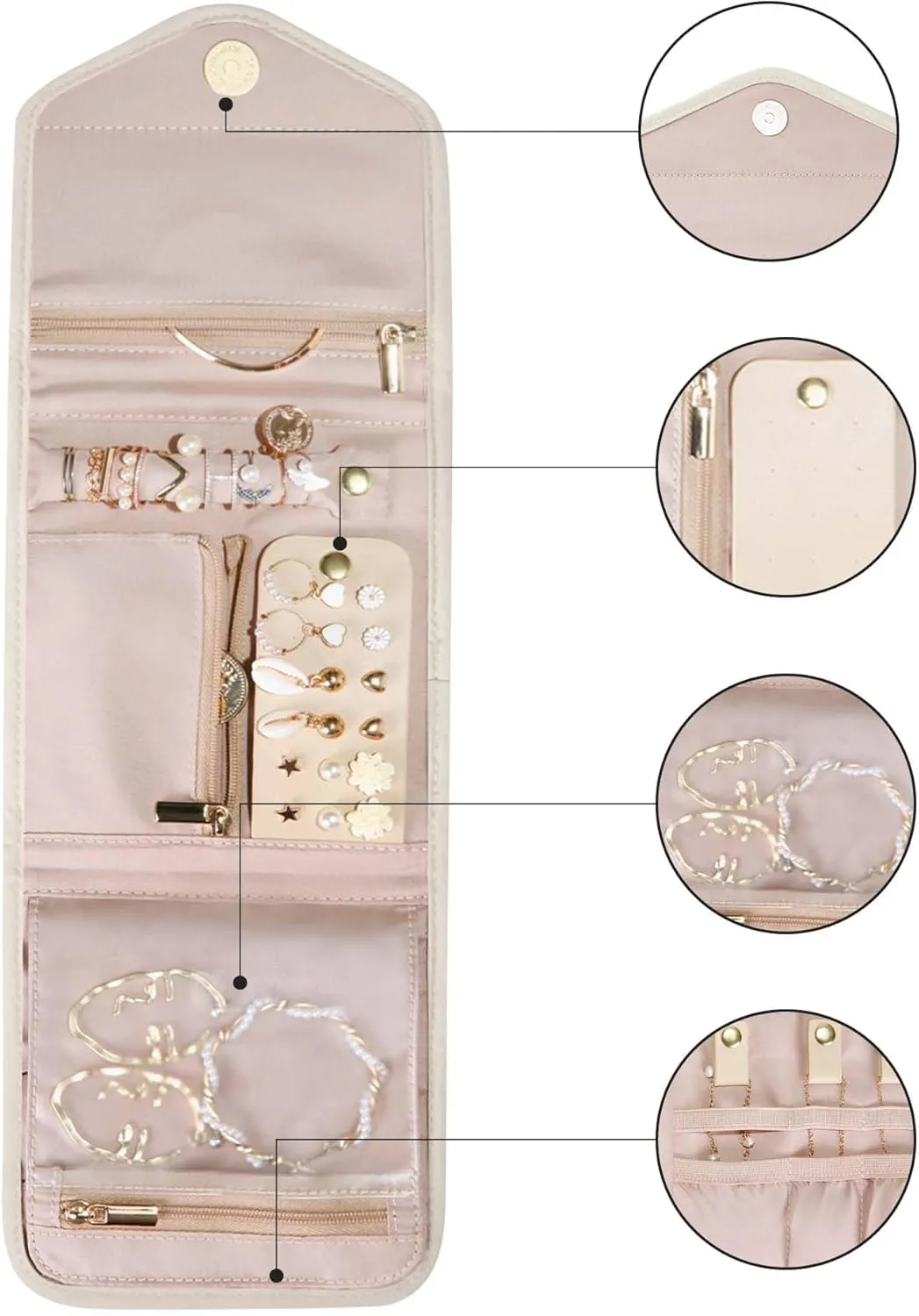 BAGSMART Travel Jewelry Organizer Case Foldable Jewelry Roll for Journey Rings, Necklaces, Earrings, Bracelets,Mini,Beige