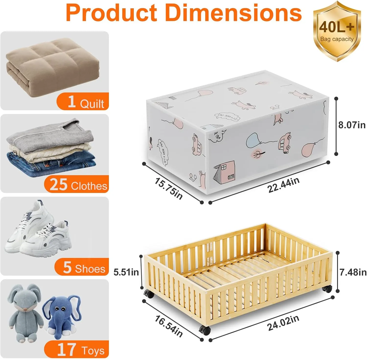 Bamboo Under Bed Storage Containers, UnderBed Storage with Wheels & 40L Large Capacity Dust Bag, Sturdy Rolling Under Bed Clothes Storage for Shoes Toy Book, Nature, 1Pack (24.02" × 16.04")