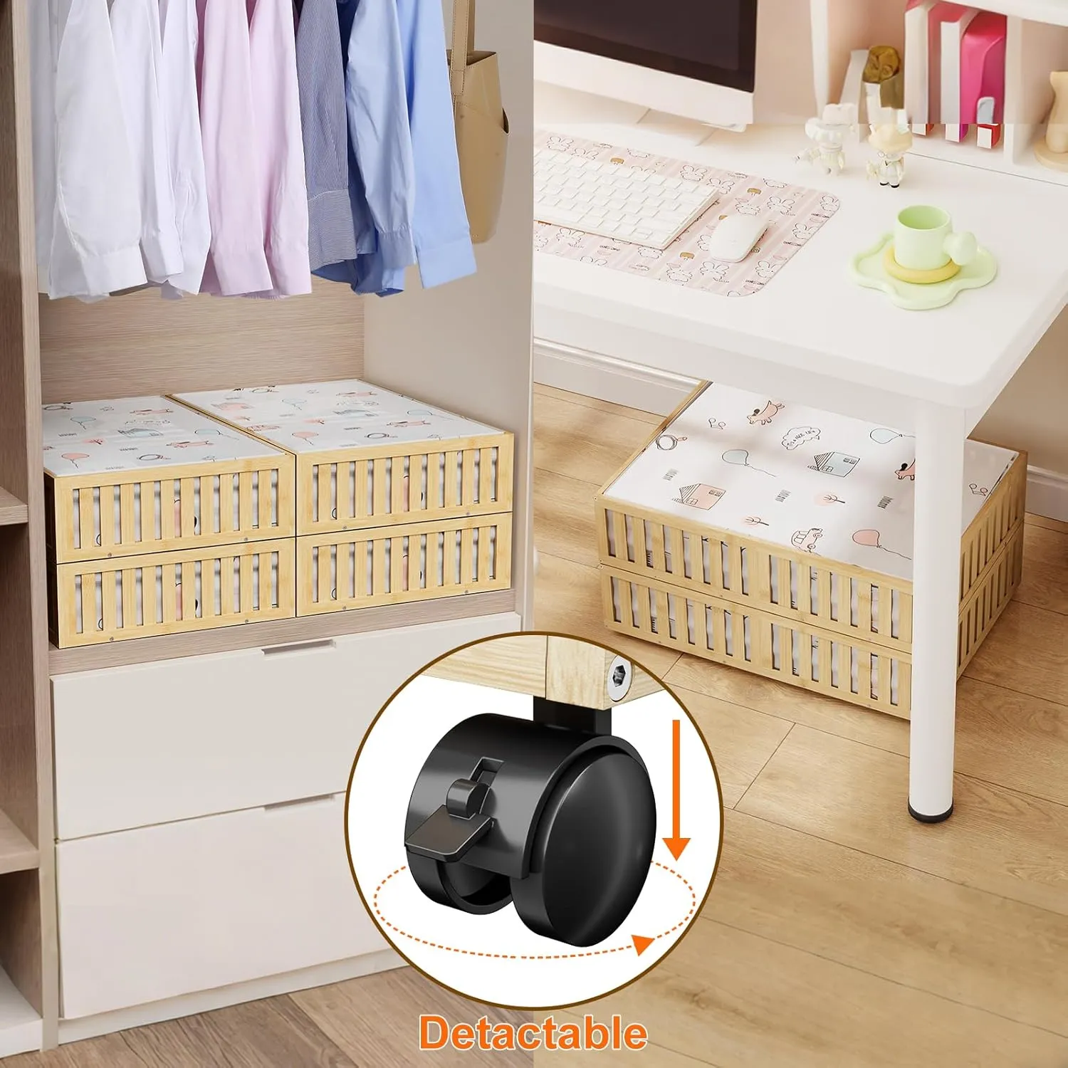 Bamboo Under Bed Storage Containers, UnderBed Storage with Wheels & 40L Large Capacity Dust Bag, Sturdy Rolling Under Bed Clothes Storage for Shoes Toy Book, Nature, 1Pack (24.02" × 16.04")