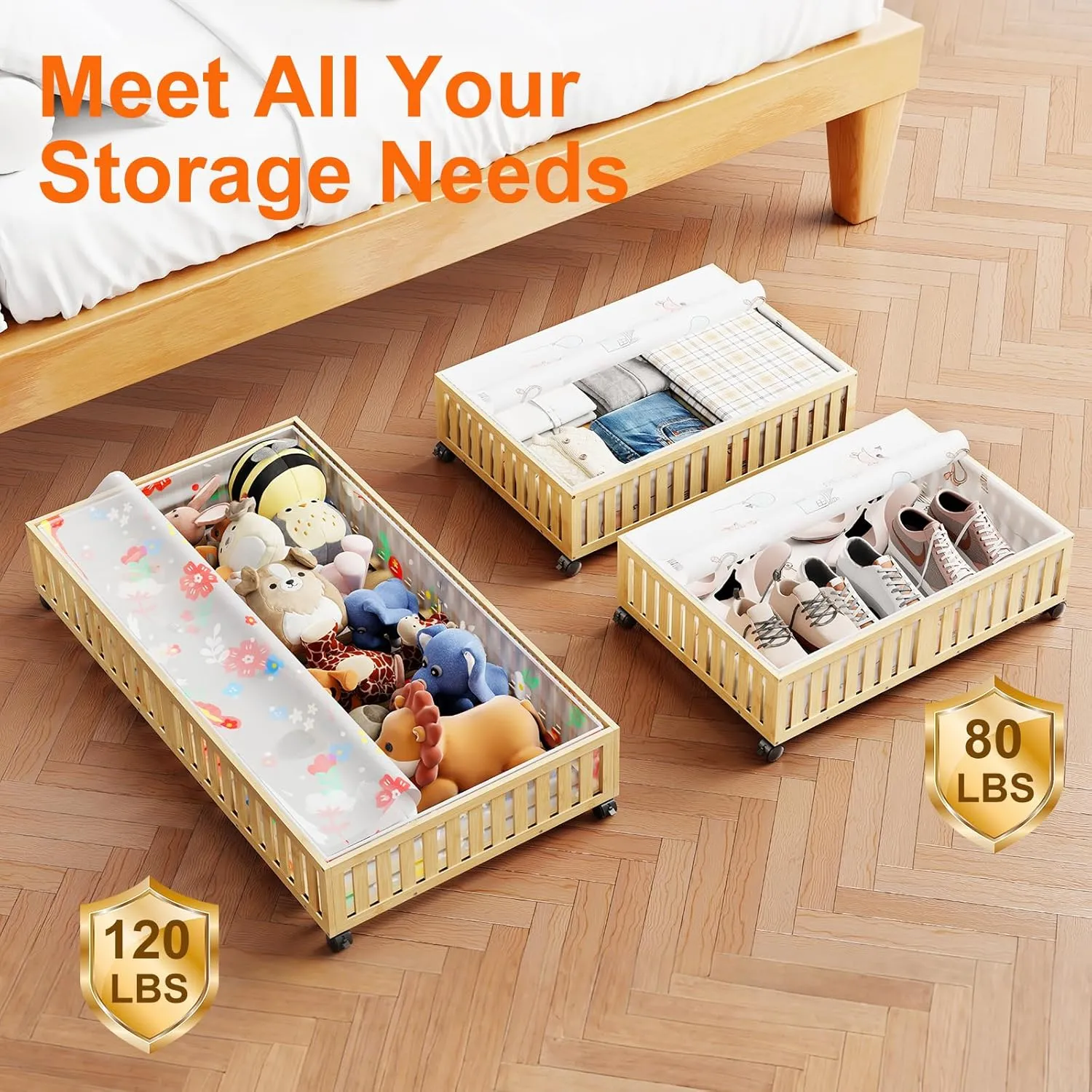 Bamboo Under Bed Storage Containers, UnderBed Storage with Wheels & 40L Large Capacity Dust Bag, Sturdy Rolling Under Bed Clothes Storage for Shoes Toy Book, Nature, 1Pack (24.02" × 16.04")