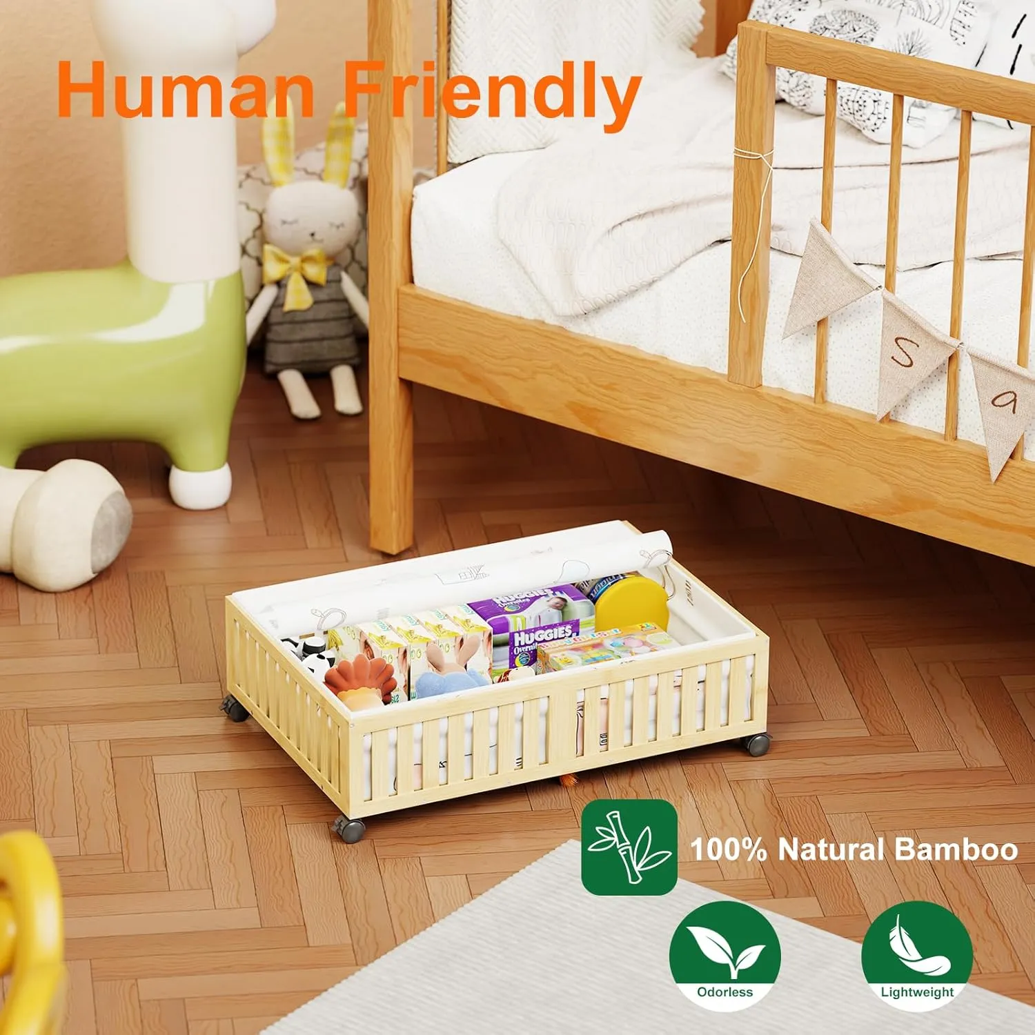 Bamboo Under Bed Storage Containers, UnderBed Storage with Wheels & 40L Large Capacity Dust Bag, Sturdy Rolling Under Bed Clothes Storage for Shoes Toy Book, Nature, 1Pack (24.02" × 16.04")