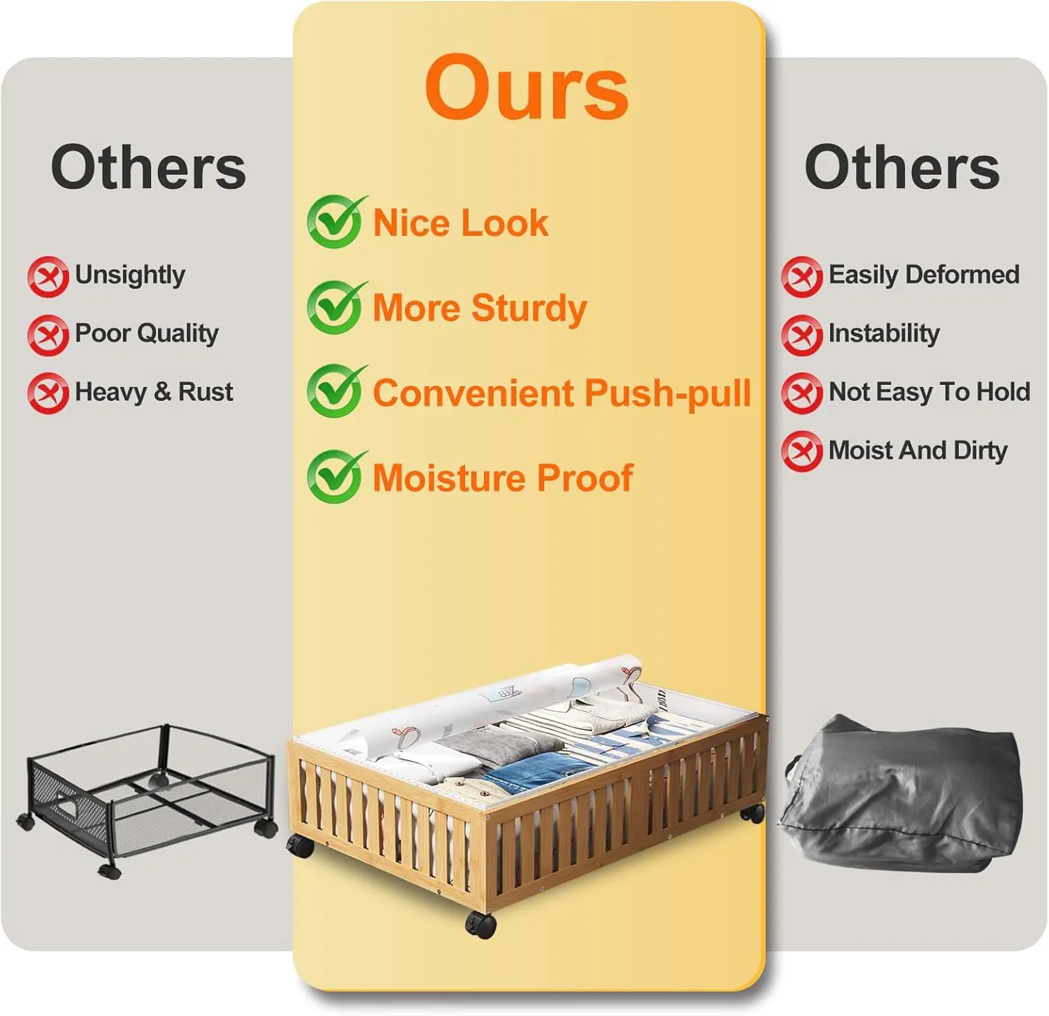 Bamboo Under Bed Storage Containers, UnderBed Storage with Wheels & 40L Large Capacity Dust Bag, Sturdy Rolling Under Bed Clothes Storage for Shoes Toy Book, Nature, 1Pack (24.02" × 16.04")