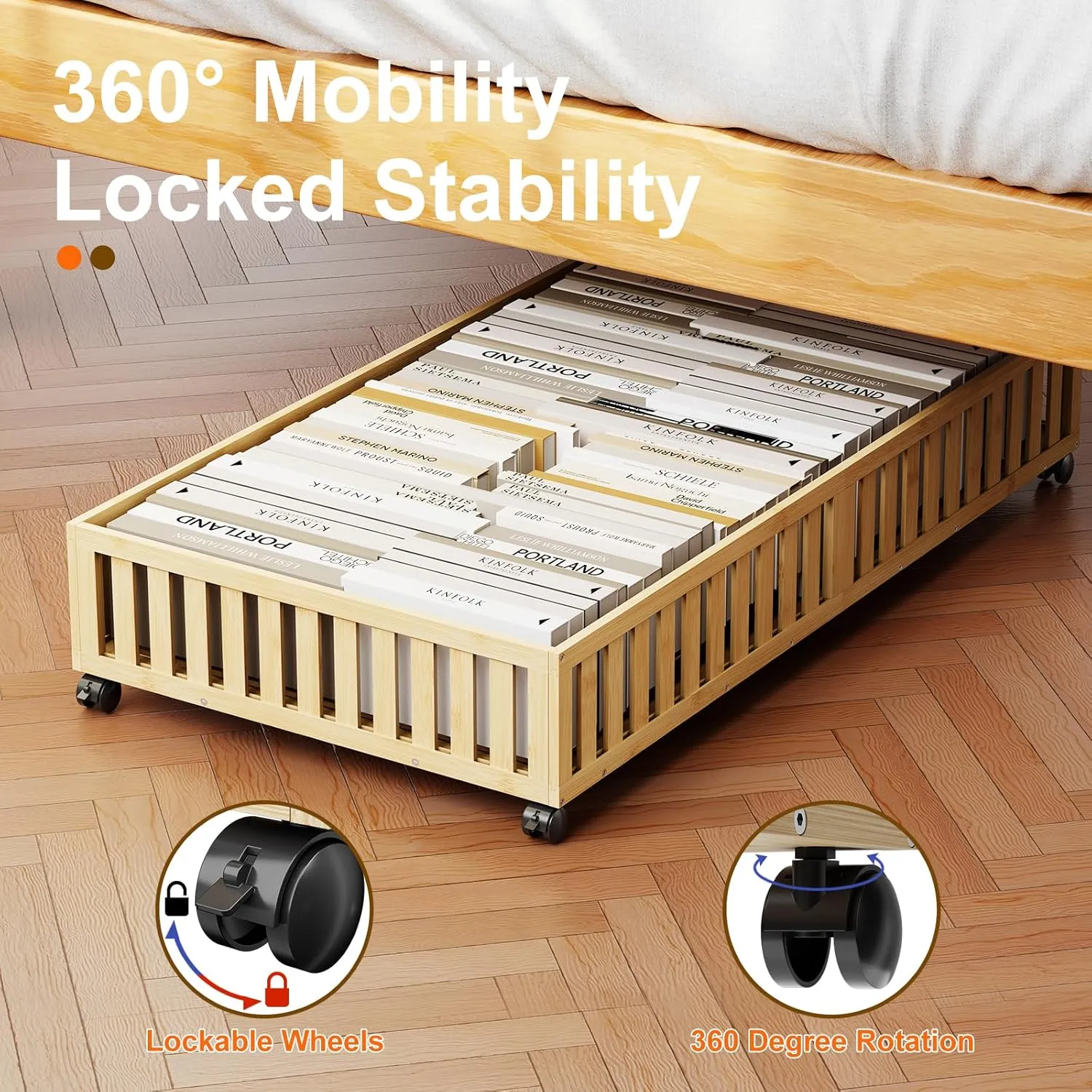 Bamboo Under Bed Storage Containers, UnderBed Storage with Wheels & 40L Large Capacity Dust Bag, Sturdy Rolling Under Bed Clothes Storage for Shoes Toy Book, Nature, 1Pack (24.02" × 16.04")