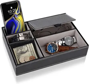 Baoyun Men's Valet Tray, Faux Leather Valet Box, EDC Catch All Tray, Dresser Top Nightstand Organizer with 5 Compartments for Smartphone, Keys, Wallet, Watch
