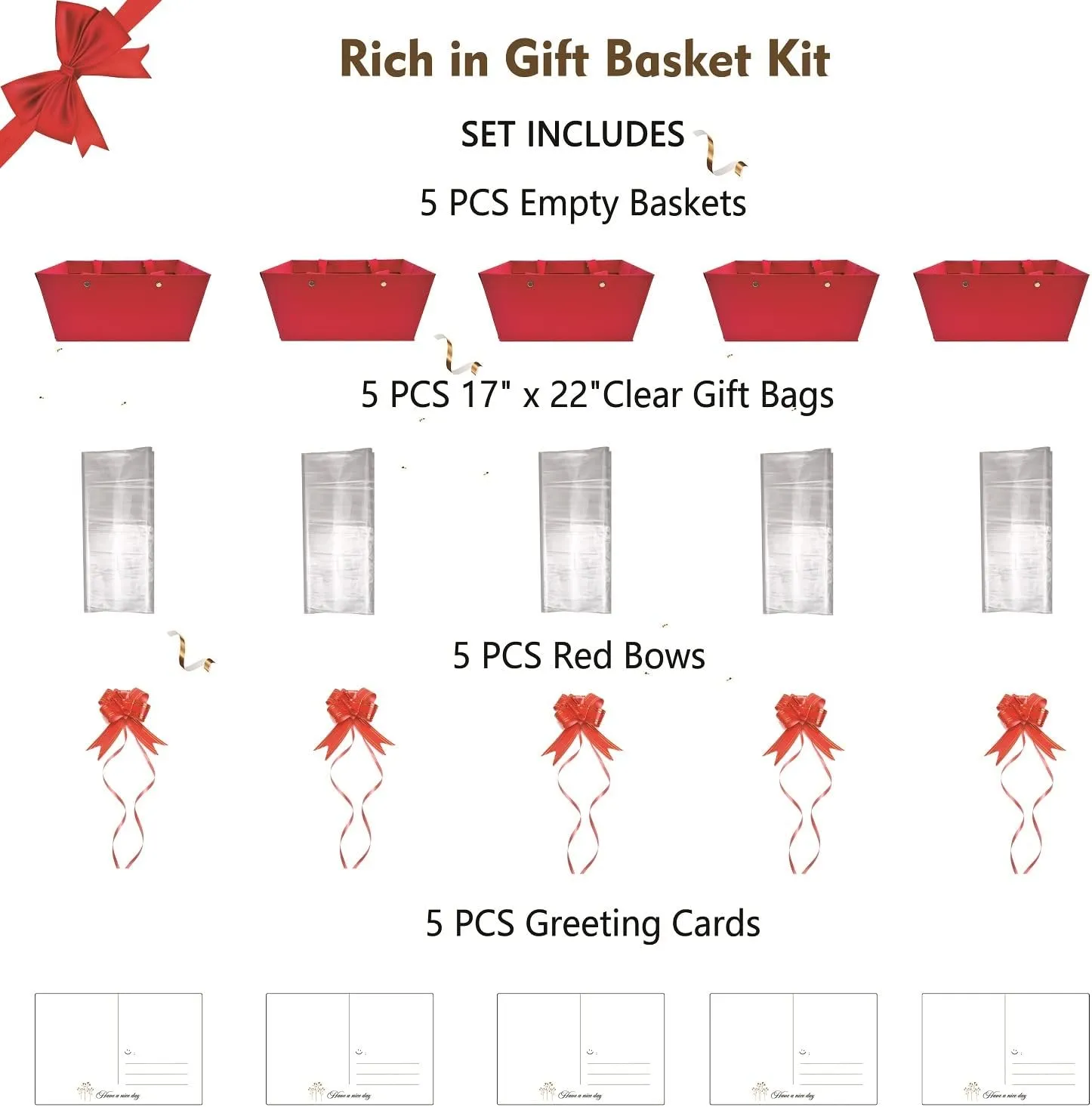 Baskets For Gifts Empty, 5 PCS Red Gift Bags With Handles DIY Kit, Gift Basket Empty To Fill Bulk For Party Favors Wedding Birthday Christmas Valentines Holiday Thank You