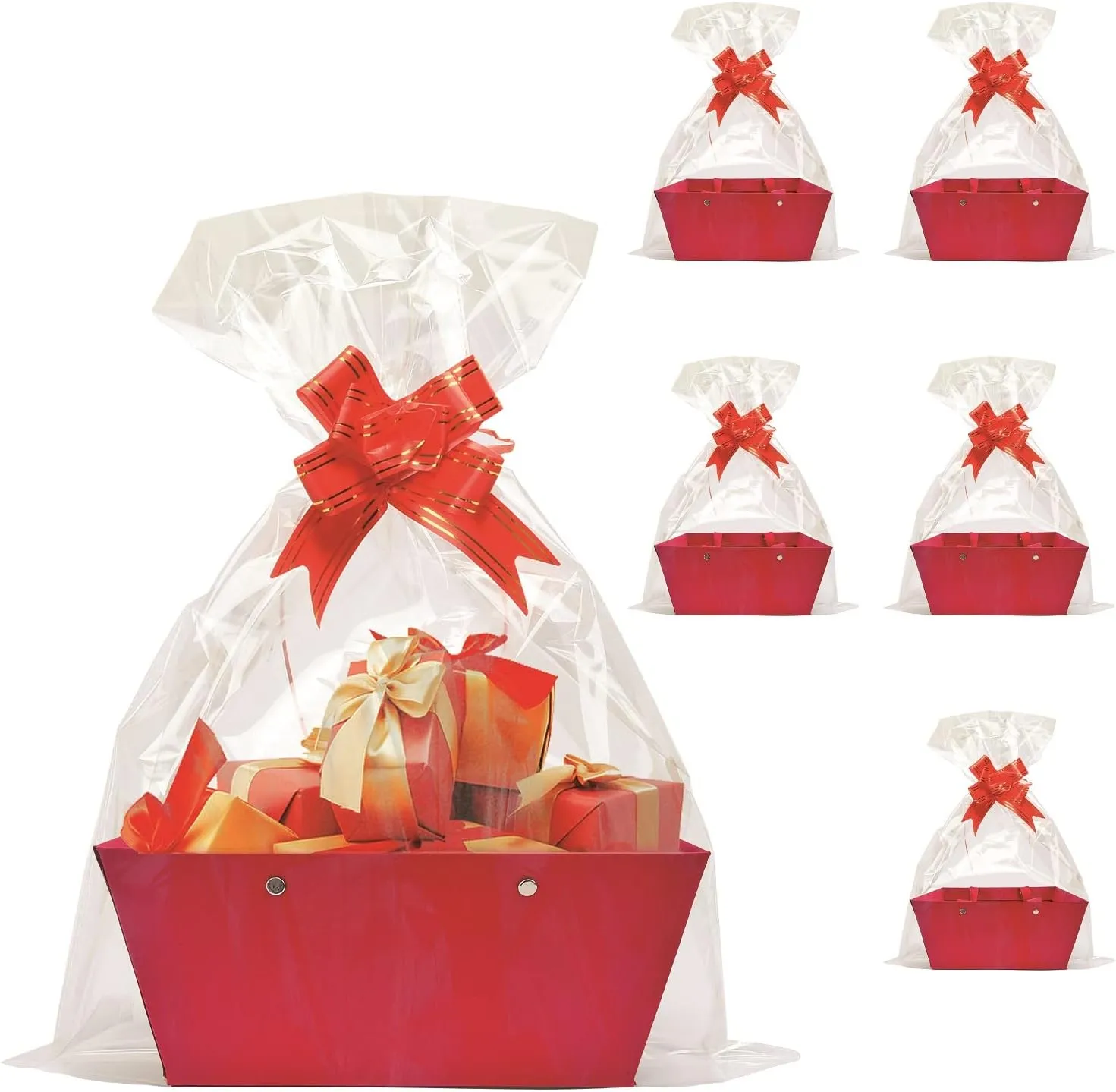 Baskets For Gifts Empty, 5 PCS Red Gift Bags With Handles DIY Kit, Gift Basket Empty To Fill Bulk For Party Favors Wedding Birthday Christmas Valentines Holiday Thank You