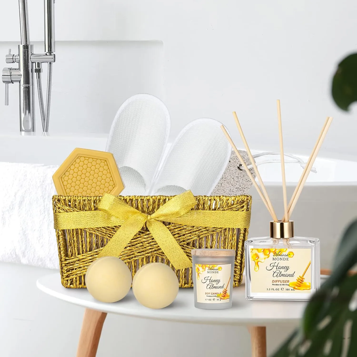 Bath & Body Gift Set, Luxury Home Spa Bath Gift Basket, Honey Almond Scented Bath Set, Pamper Gifts for Women & Teens, 15 Pcs Relaxing Home Spa Kit with Bubble Bath, Bath Salts, Body Lotion