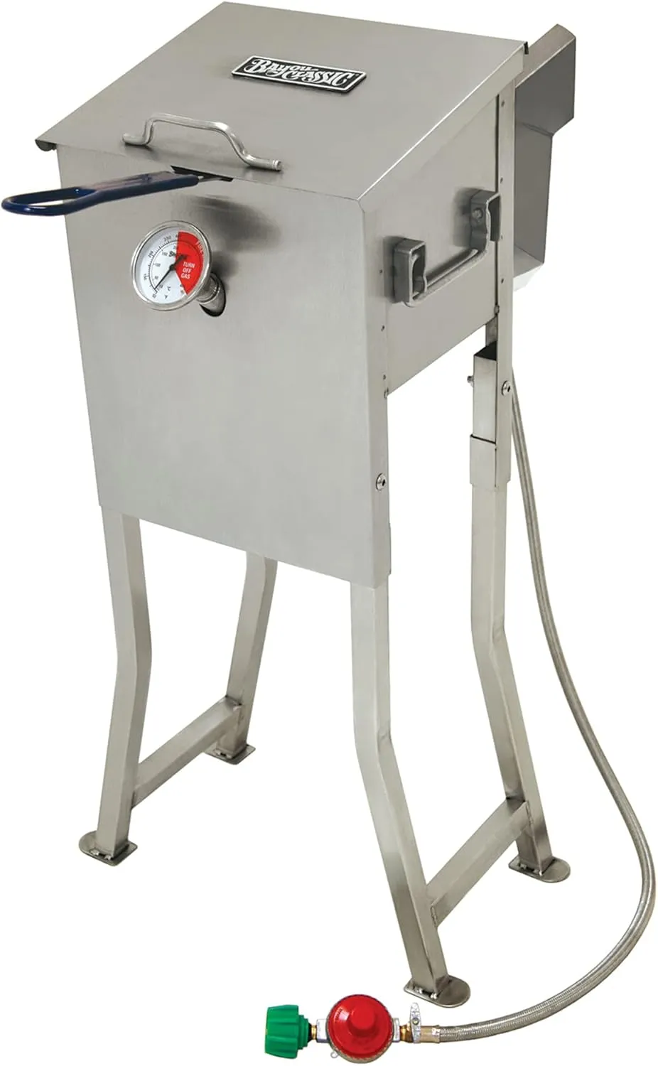 Bayou Classic 700-725 2.5-gal Stainless Bayou Fryer Freestanding or Table Top Includes Stainless Mesh Basket Fry Thermometer Drain Valve High Pressure Regulator w/ 48-in Stainless Braided LPG Hose