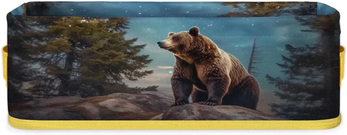 Bear Woods Night Bathroom Storage Basket, Foldable with Handle Open Countertop Paper Towel Decorative Box, Toilet Tank Top Shelf Baskets for Home Closet Bedroom Living Room Office