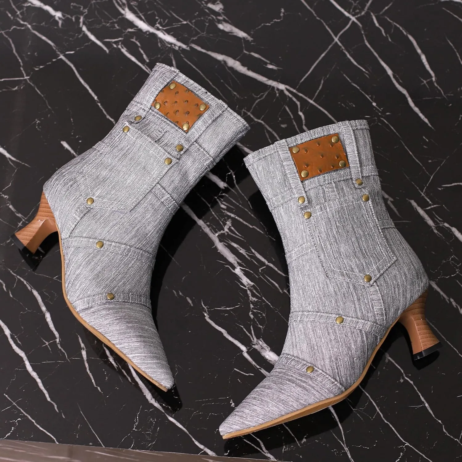 BEAUPAS Women's Denim Kitten Heel Boots Pointed Toe Low Heel Ankle Boots Chunky Vintage Zip Shoes