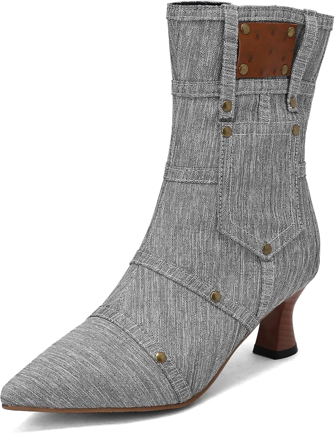 BEAUPAS Women's Denim Kitten Heel Boots Pointed Toe Low Heel Ankle Boots Chunky Vintage Zip Shoes