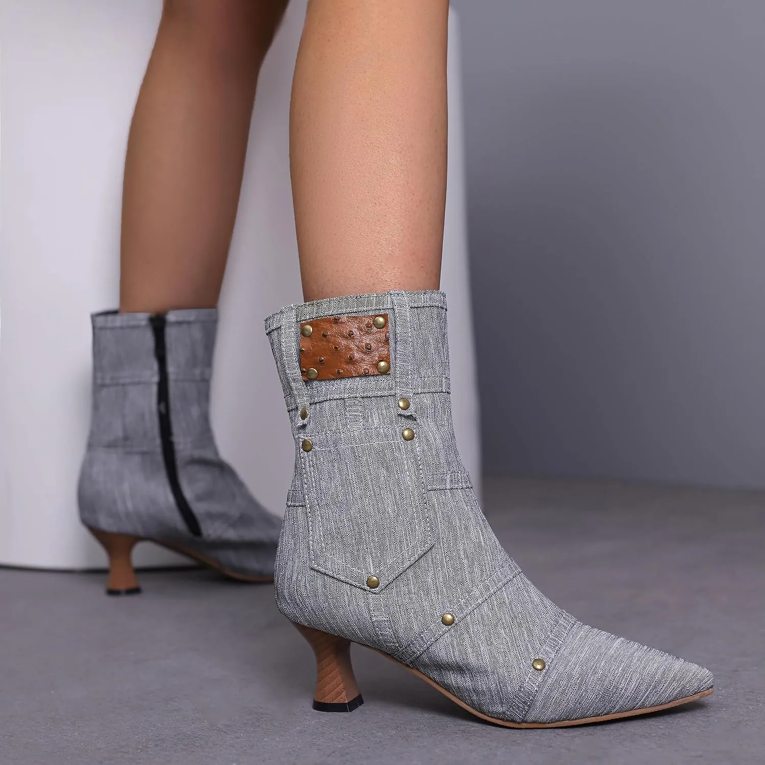 BEAUPAS Women's Denim Kitten Heel Boots Pointed Toe Low Heel Ankle Boots Chunky Vintage Zip Shoes