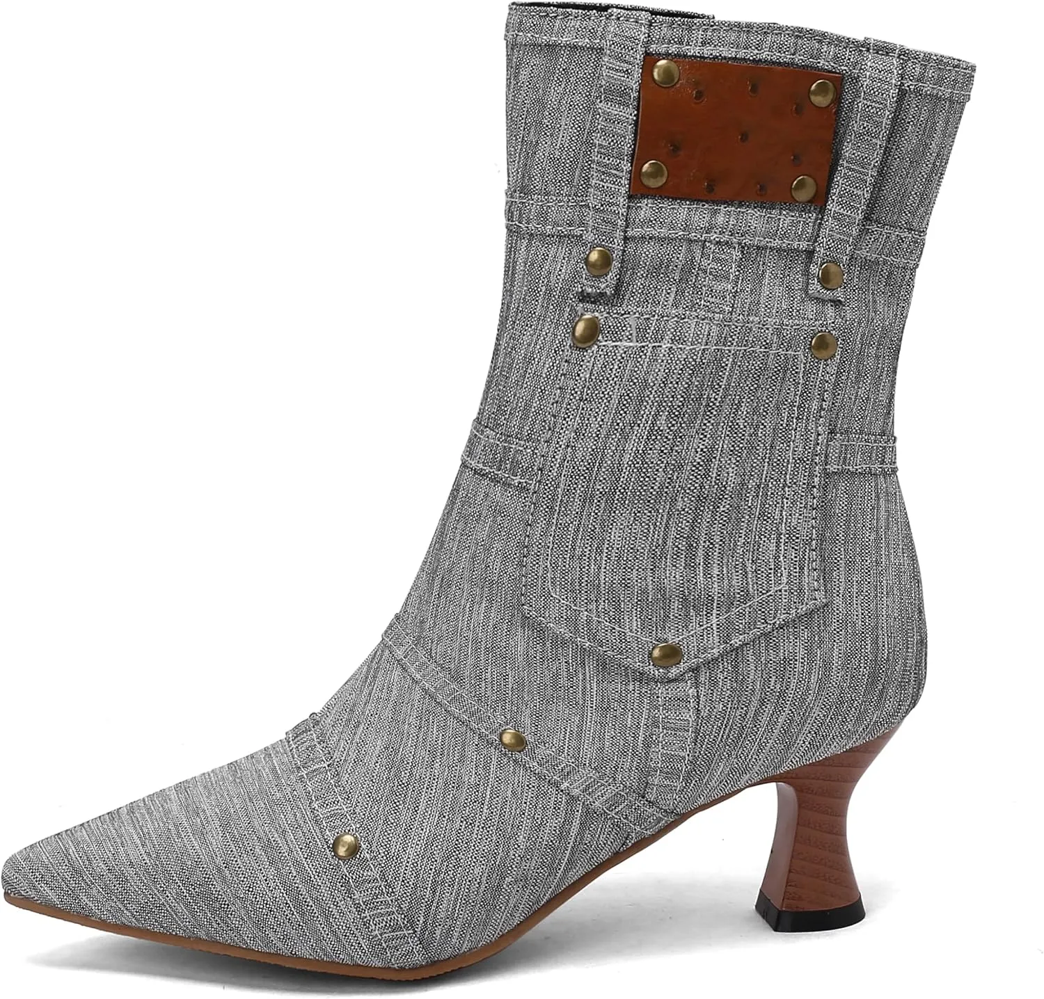 BEAUPAS Women's Denim Kitten Heel Boots Pointed Toe Low Heel Ankle Boots Chunky Vintage Zip Shoes