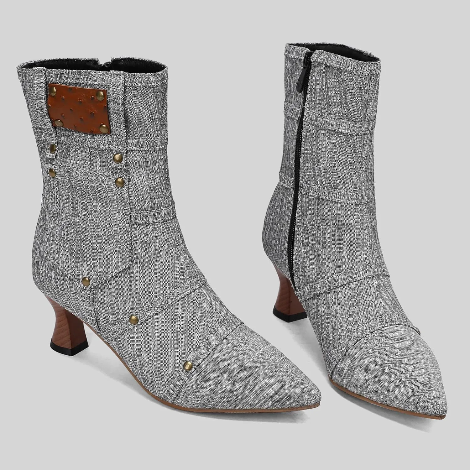 BEAUPAS Women's Denim Kitten Heel Boots Pointed Toe Low Heel Ankle Boots Chunky Vintage Zip Shoes
