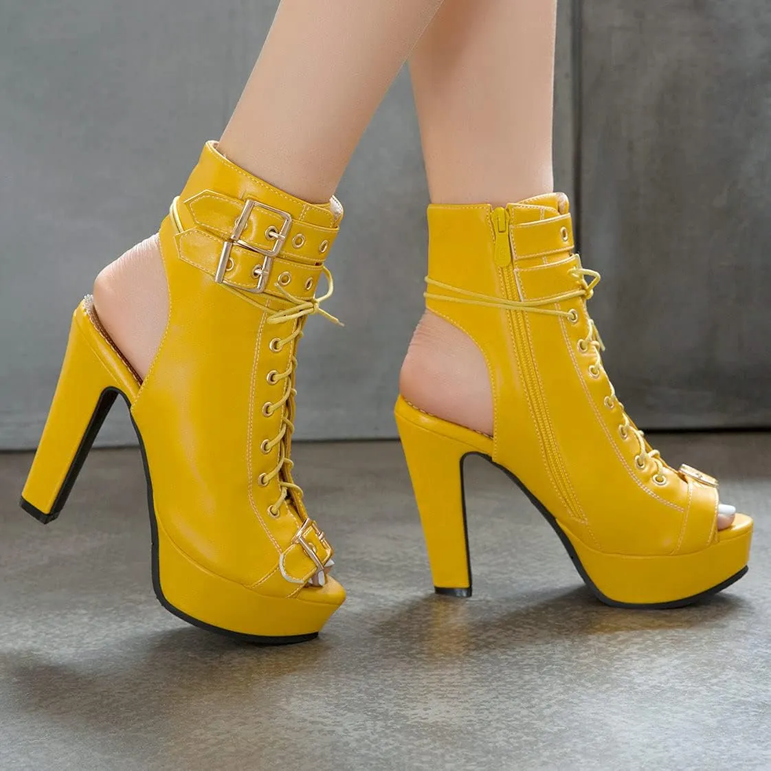 BEAUPAS Women's Lace Up High Heel Platform Ankle Boots Chunky Heel Peep Toe Booties Slingback Buckle Gladiator Sandals