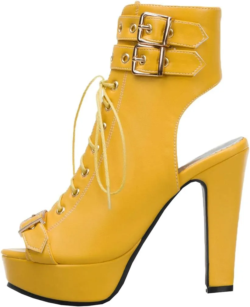 BEAUPAS Women's Lace Up High Heel Platform Ankle Boots Chunky Heel Peep Toe Booties Slingback Buckle Gladiator Sandals