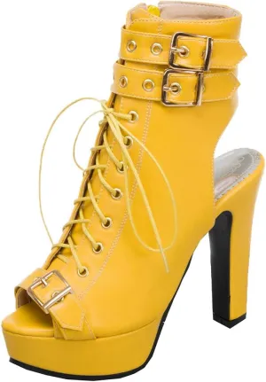 BEAUPAS Women's Lace Up High Heel Platform Ankle Boots Chunky Heel Peep Toe Booties Slingback Buckle Gladiator Sandals