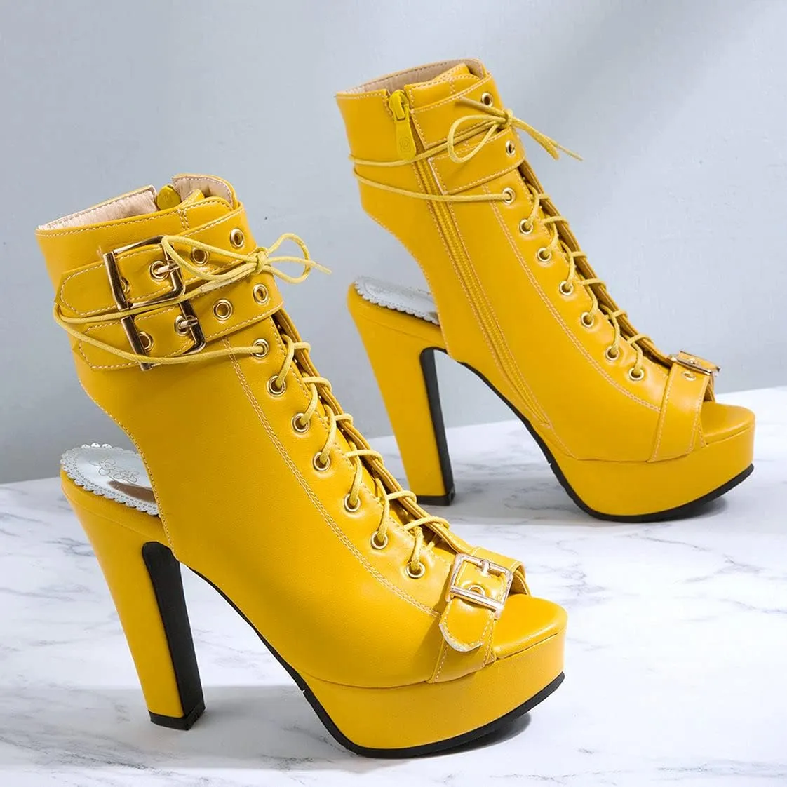 BEAUPAS Women's Lace Up High Heel Platform Ankle Boots Chunky Heel Peep Toe Booties Slingback Buckle Gladiator Sandals