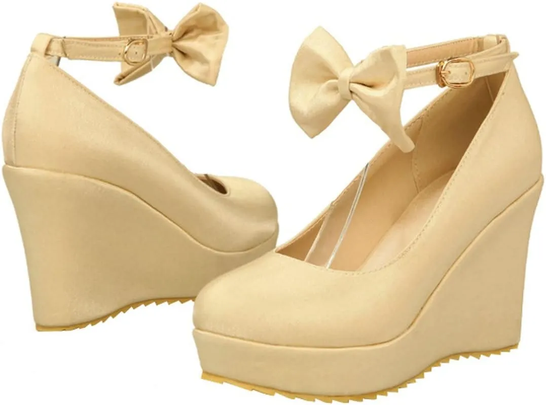 BEAUPAS Women's Round Toe Wedge Platform High Heel Pumps Ankle Strap Buckle Bows Cute Shoes