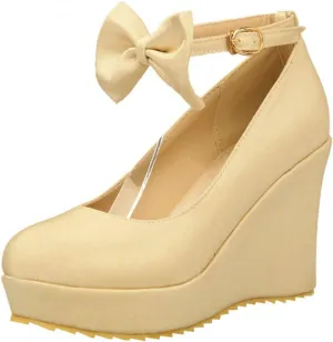 BEAUPAS Women's Round Toe Wedge Platform High Heel Pumps Ankle Strap Buckle Bows Cute Shoes