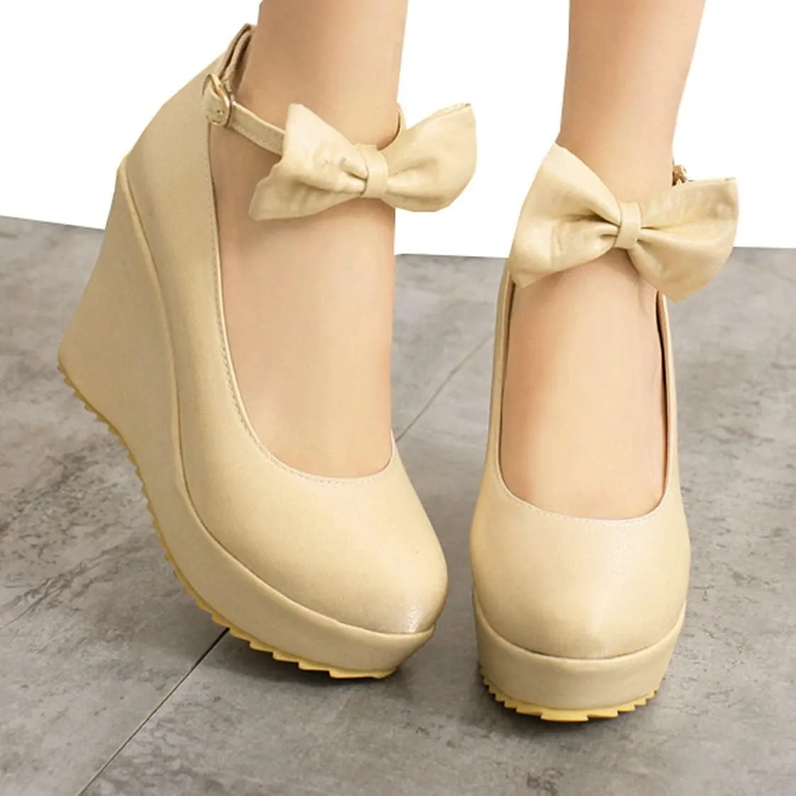BEAUPAS Women's Round Toe Wedge Platform High Heel Pumps Ankle Strap Buckle Bows Cute Shoes
