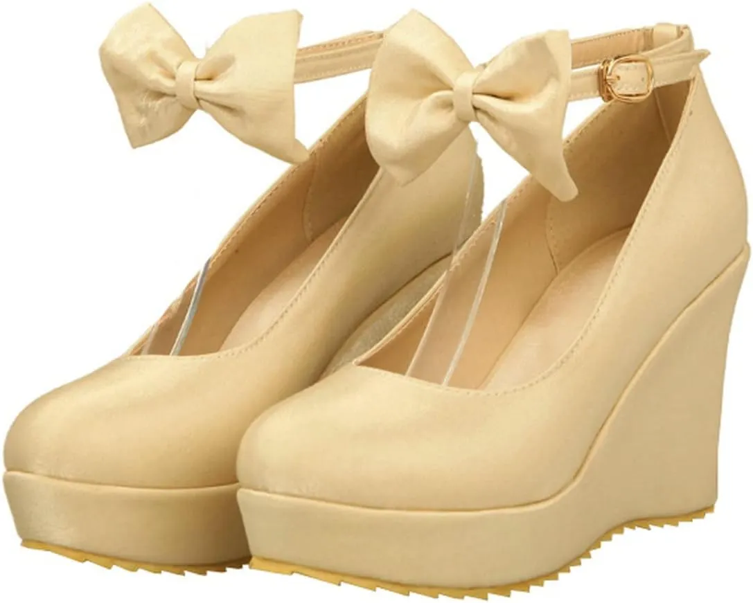 BEAUPAS Women's Round Toe Wedge Platform High Heel Pumps Ankle Strap Buckle Bows Cute Shoes