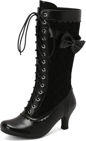 BEAUPAS Women's Victorian Lace Up Boots Kitten Heels Mid Calf Boots Chunky Low High Heels Bow Granny Boots Round Toe Zip Mesh Gothic Shoes