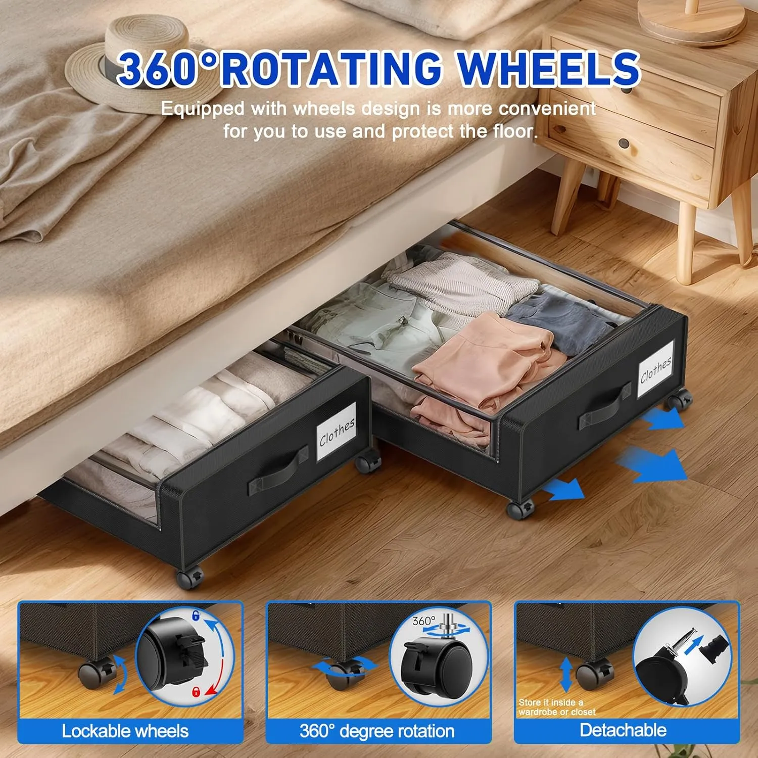 Beborxue Under Bed Storage with Wheels, 4-Pack Under Bed Storage Containers with Clear Lids, XXL 60L Under the bed storage Organizer Bins, Rolling Under Bed Metal Drawer for Clothes,Shoes,Toys (Black)