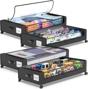 Beborxue Under Bed Storage with Wheels, 4-Pack Under Bed Storage Containers with Clear Lids, XXL 60L Under the bed storage Organizer Bins, Rolling Under Bed Metal Drawer for Clothes,Shoes,Toys (Black)