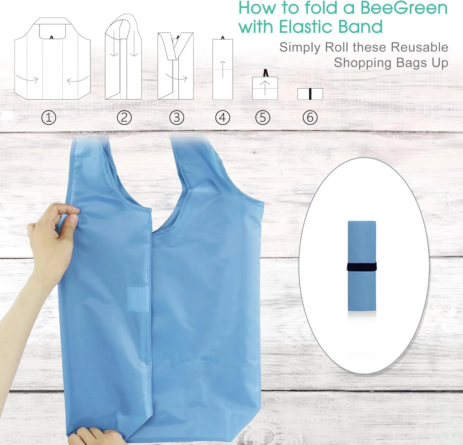 BeeGreen Light Blue Reusable Grocery Bags with Elastic Band Reusable Shopping Bags Bulk 50LBS X-Large Foldable-Machine Washable-Heavy Duty 20 Pieces