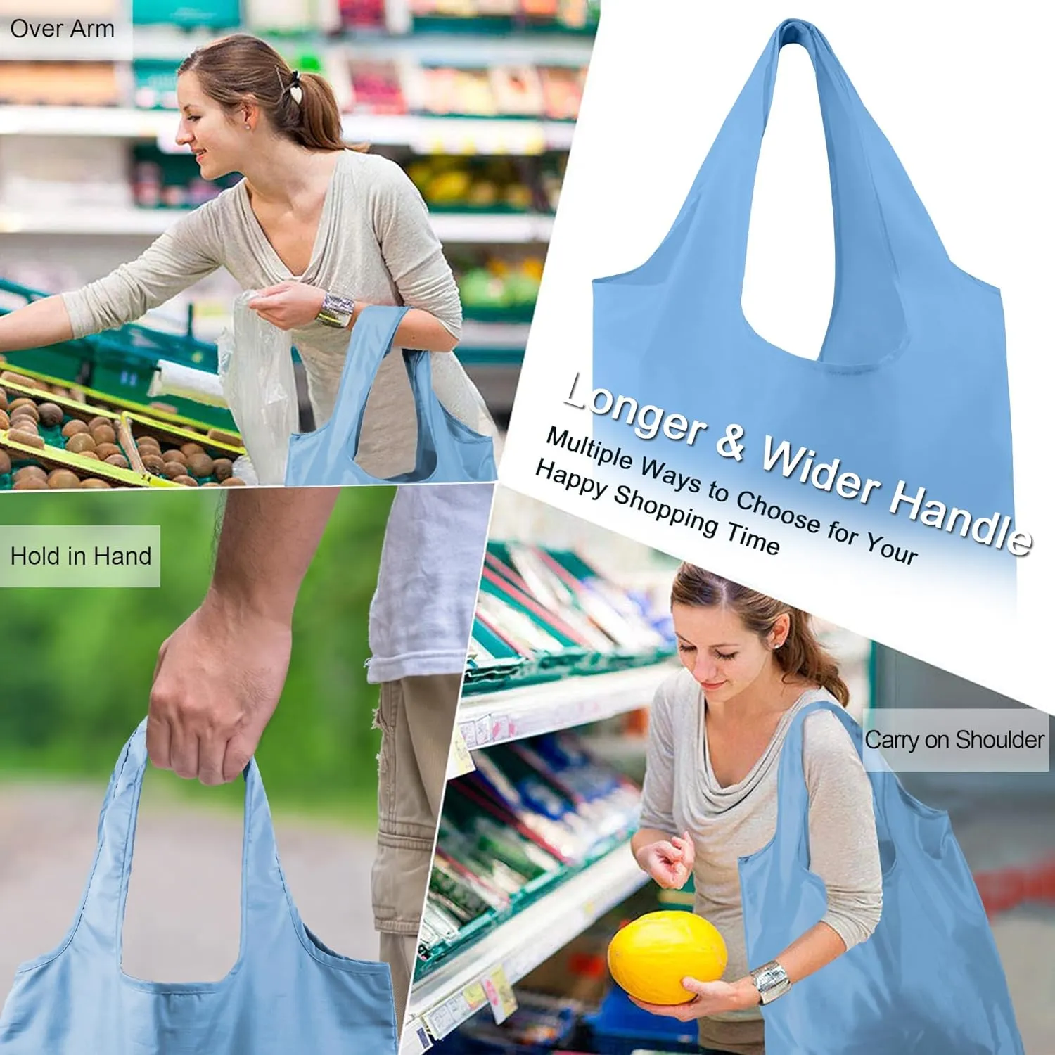 BeeGreen Light Blue Reusable Grocery Bags with Elastic Band Reusable Shopping Bags Bulk 50LBS X-Large Foldable-Machine Washable-Heavy Duty 20 Pieces