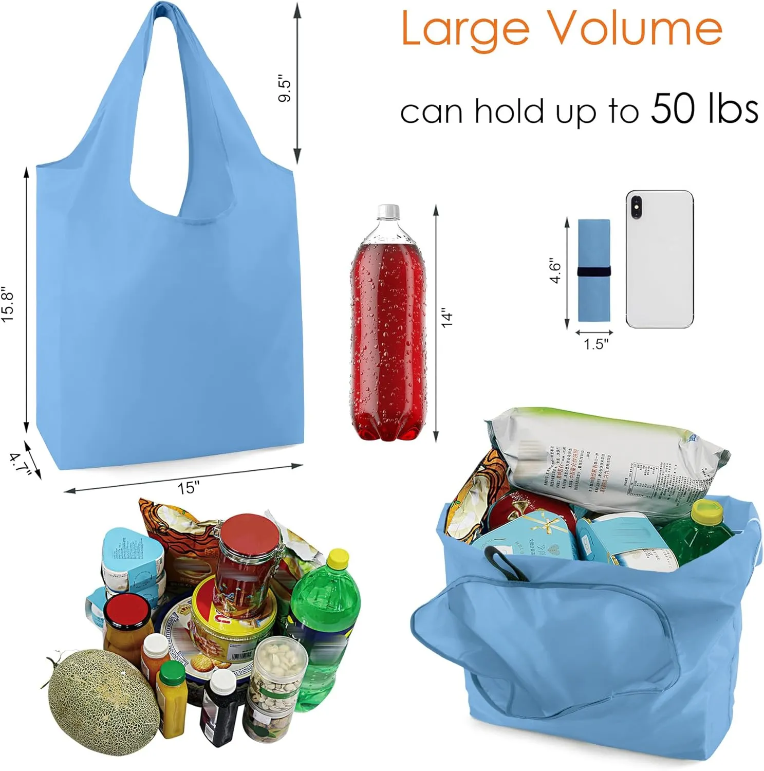 BeeGreen Light Blue Reusable Grocery Bags with Elastic Band Reusable Shopping Bags Bulk 50LBS X-Large Foldable-Machine Washable-Heavy Duty 20 Pieces