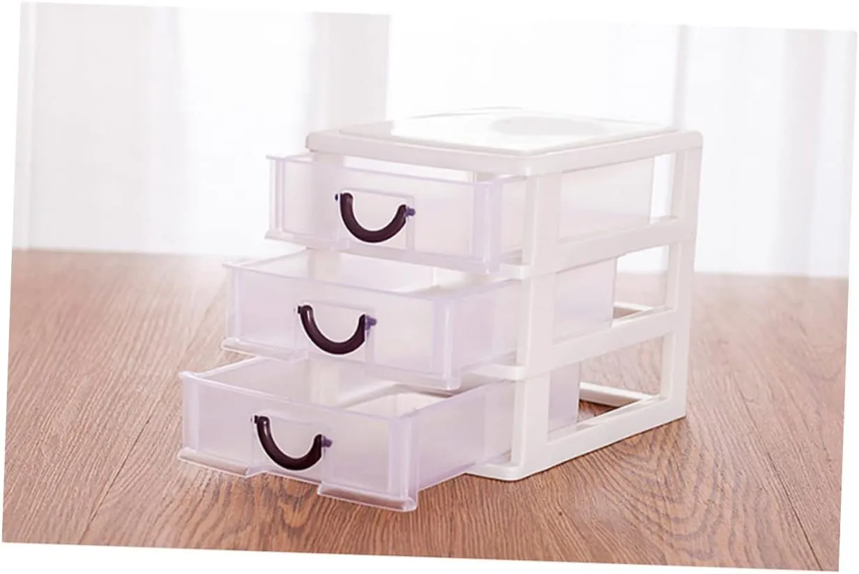 Beige 3 Tier Plastic Drawer Organizer with Handle Multifunctional Translucent Storage Box for Office Home Makeup and Sundries