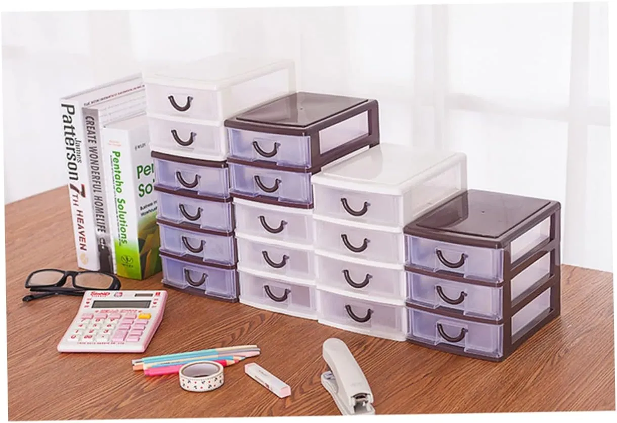 Beige 3 Tier Plastic Drawer Organizer with Handle Multifunctional Translucent Storage Box for Office Home Makeup and Sundries