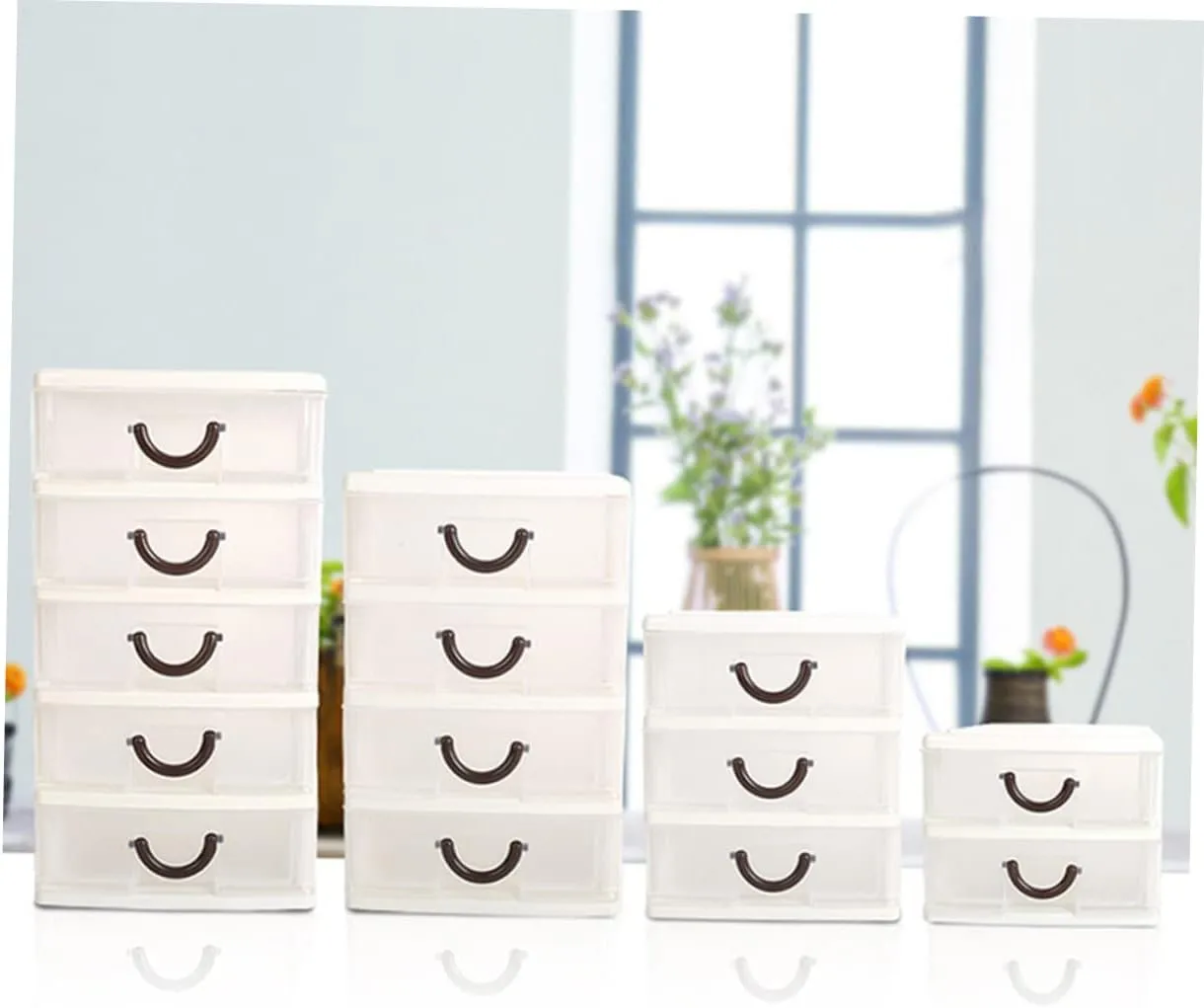Beige 3 Tier Plastic Drawer Organizer with Handle Multifunctional Translucent Storage Box for Office Home Makeup and Sundries