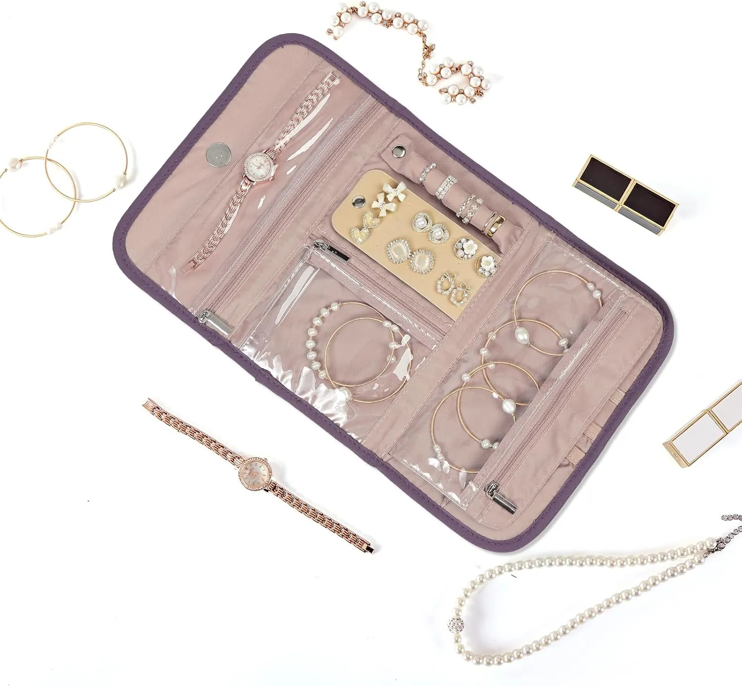 BELALIFE Travel Jewelry Case Organizer, Foldable Storage Roll for Earrings, Necklaces, Rings, Bracelets, Brooches, Purple