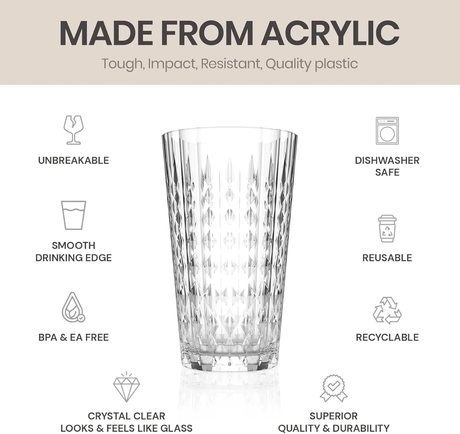 BELLAFORTE Shatterproof Acrylic Drinking Glasses, Set of 4, 19oz - Bondi Beach Stackable Highball Glasses - Unbreakable Plastic Cups Reusable for Party, Gifting - BPA Free - Dishwasher Safe - Clear