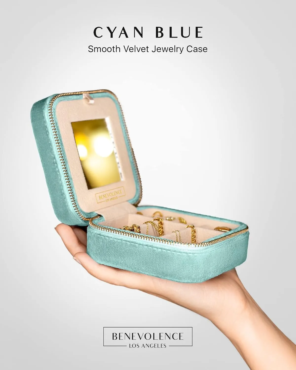 Benevolence LA Plush Velvet Jewelry Box | Travel Jewelry Case Organizer with Mirror | Featured in Oprah's Favorite Things | Best Gifts For Daughter, Girlfriend, Mom | Gifts For Her - Cyan