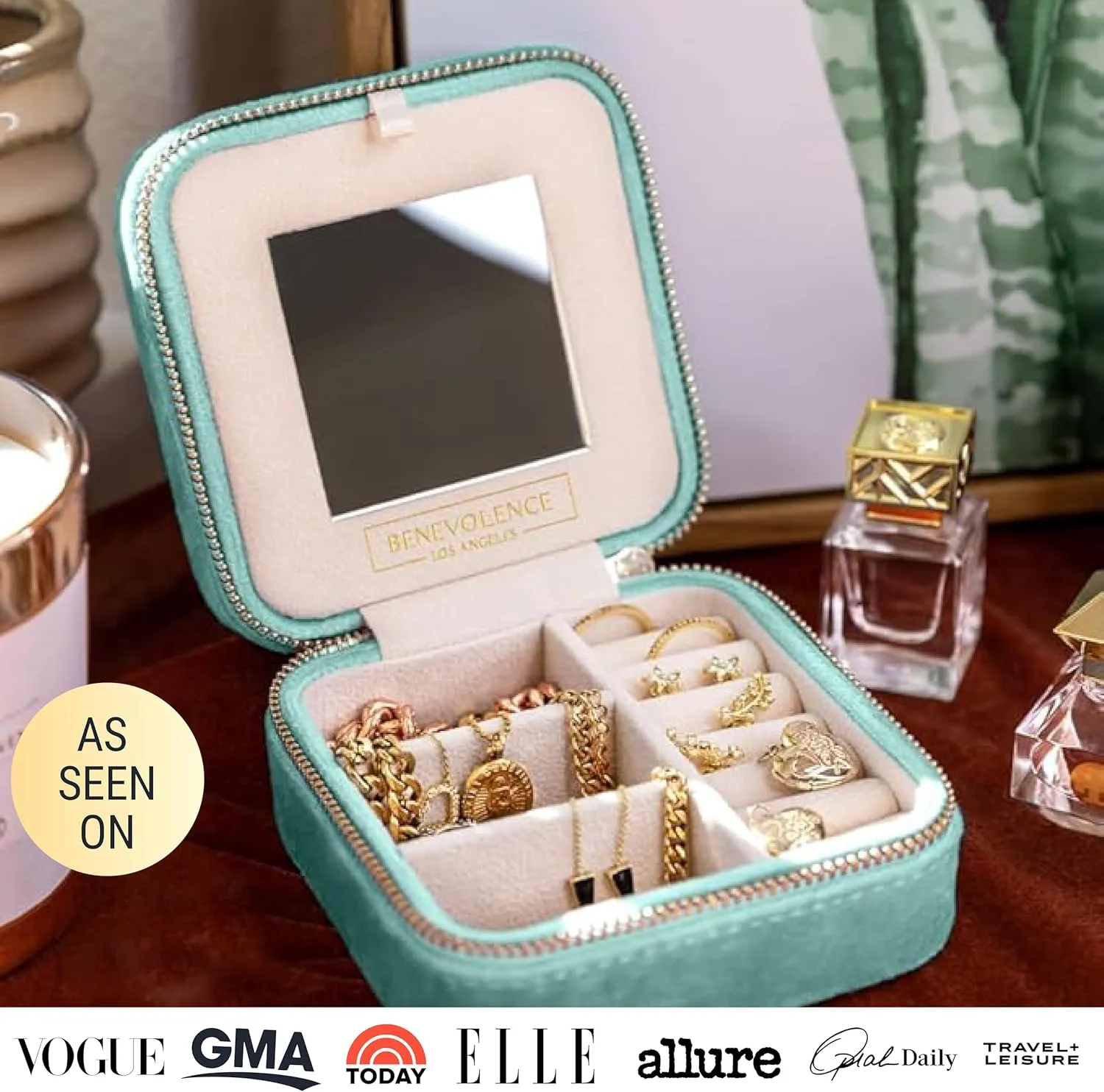 Benevolence LA Plush Velvet Jewelry Box | Travel Jewelry Case Organizer with Mirror | Featured in Oprah's Favorite Things | Best Gifts For Daughter, Girlfriend, Mom | Gifts For Her - Cyan