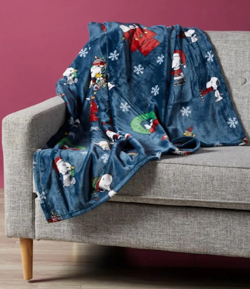 Berkshire Blanket & Home Co Peanuts Gang Christmas Velvet Soft Plush Throw Blanket (Dark Blue w/Snowflakes, Throw 50x70)