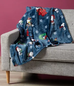 Berkshire Blanket & Home Co Peanuts Gang Christmas Velvet Soft Plush Throw Blanket (Dark Blue w/Snowflakes, Throw 50x70)