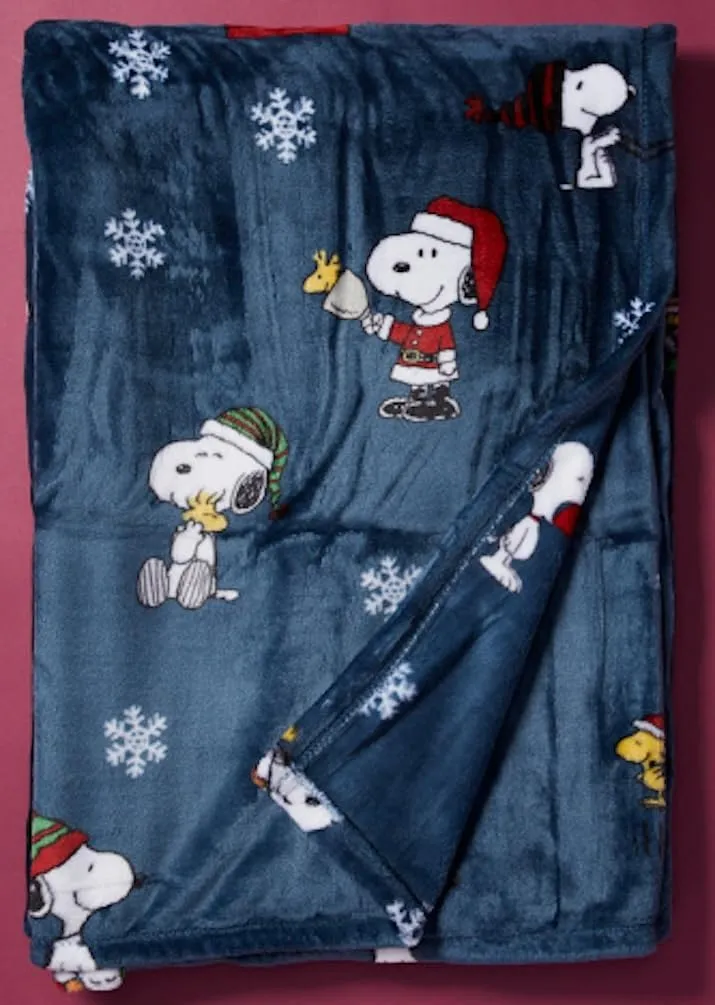 Berkshire Blanket & Home Co Peanuts Gang Christmas Velvet Soft Plush Throw Blanket (Dark Blue w/Snowflakes, Throw 50x70)