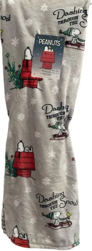 Berkshire Home & Blanket Co. Peanuts Gang Christmas Velvet Soft Plush Throw Blanket | Featuring Snoopy & Woodstock | Dashing Though The Snow Sledding Fun | Gray with Snowflakes | 50" x 70"